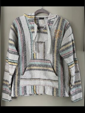 EARTHBOUND Cream Baja-Style Hoodie Sweater with Pastel Stripes Women’s Small